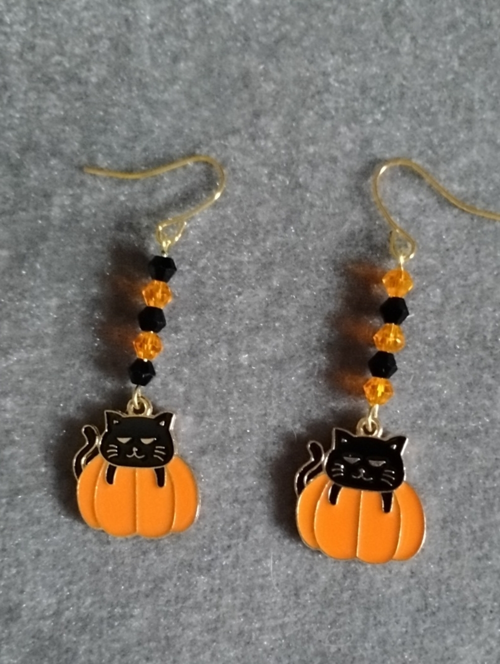 Hand Crafted Black Cat in Pumpkin Dangle Earrings With Crystals